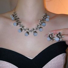 Women Crystal Rhinestone Necklace Earrings Set Floral Statement Jewelry