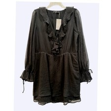 Mango Black Ruffled Mini Dress Dora Beaded Tassel V-Neck Chiffon Large NWT