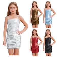 Kids Girls Mini Dress Tank Dancewear Glitter Dresses Shiny Straps Christmas Prom