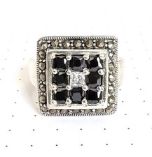 SIZE 8 Black White CZ Stones SQUARE RING Marcasite .925 STERLING SILVER