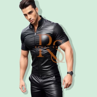 Men's Front Zipper Style Black Leather Shirt In Genuine Lambskin Leather Shirt