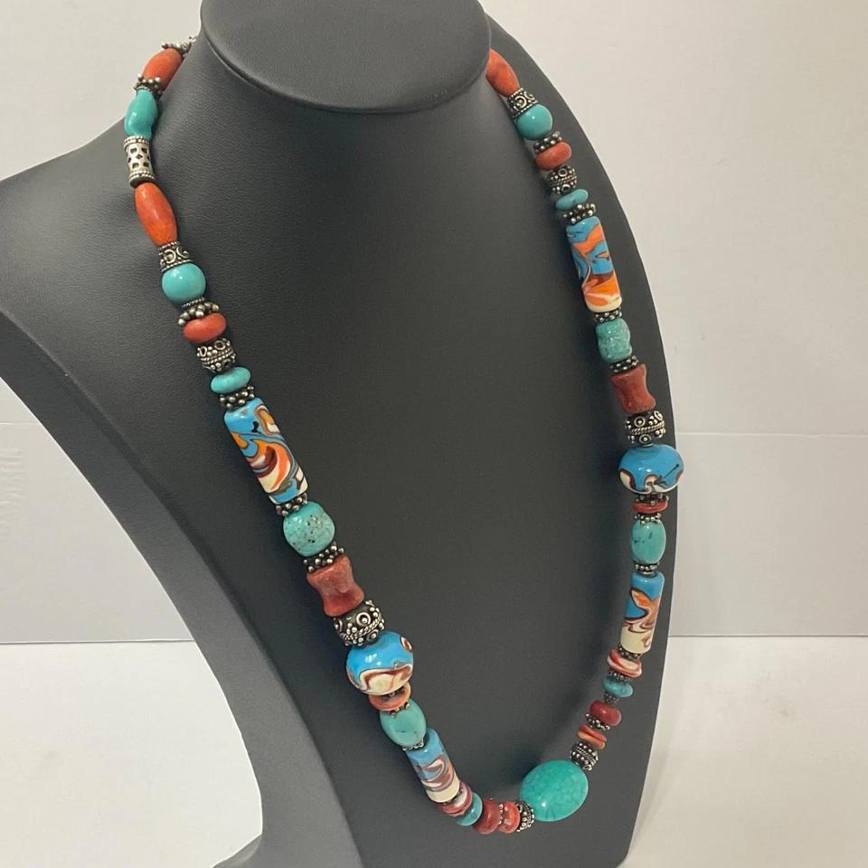 Vtg Turquoise Coral Ceramic & Sterling Silver Beaded Necklace Ethnic Boho 25” - Image 4 of 4