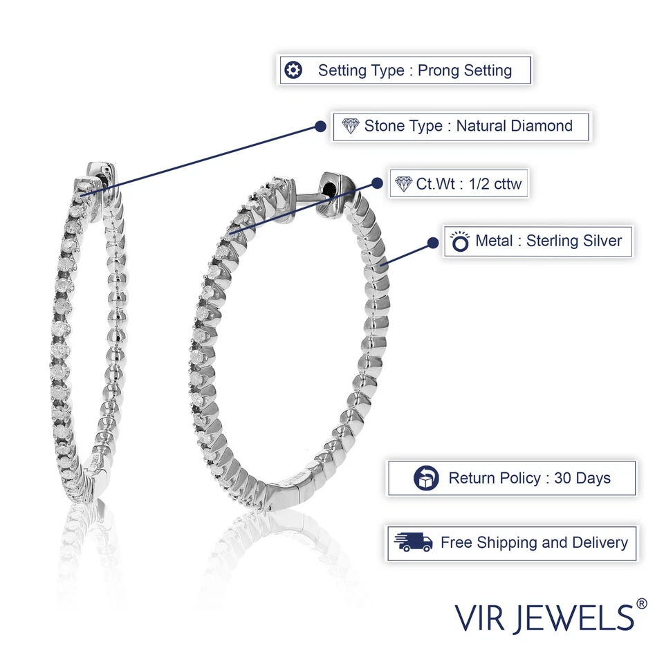 Diamond Earrings for Women 1/2 CT Sterling Silver 1.25 Inch Round Hoop Design - Image 3 of 4