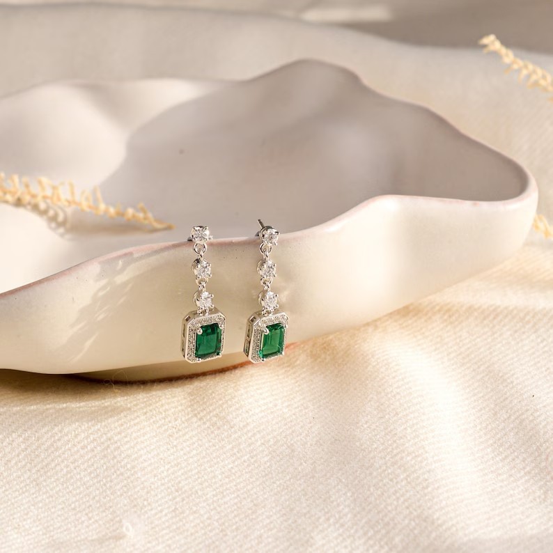 14K White Gold Plated 2Ct Emerald Cut Simulated Drop Dangle Earrings