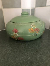 Vtg MCM Covered Casserole Stoneware Handpainted Flowers Green Louisville??