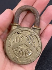 Vintage 2 Sided Royal LOGO Round Brass Padlock Lock NO KEY Cast Brass & Steel