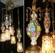 Vintage Capodimonte ROSE gilt porcelain Brass swag lamp chandelier HOLLYWOOD
