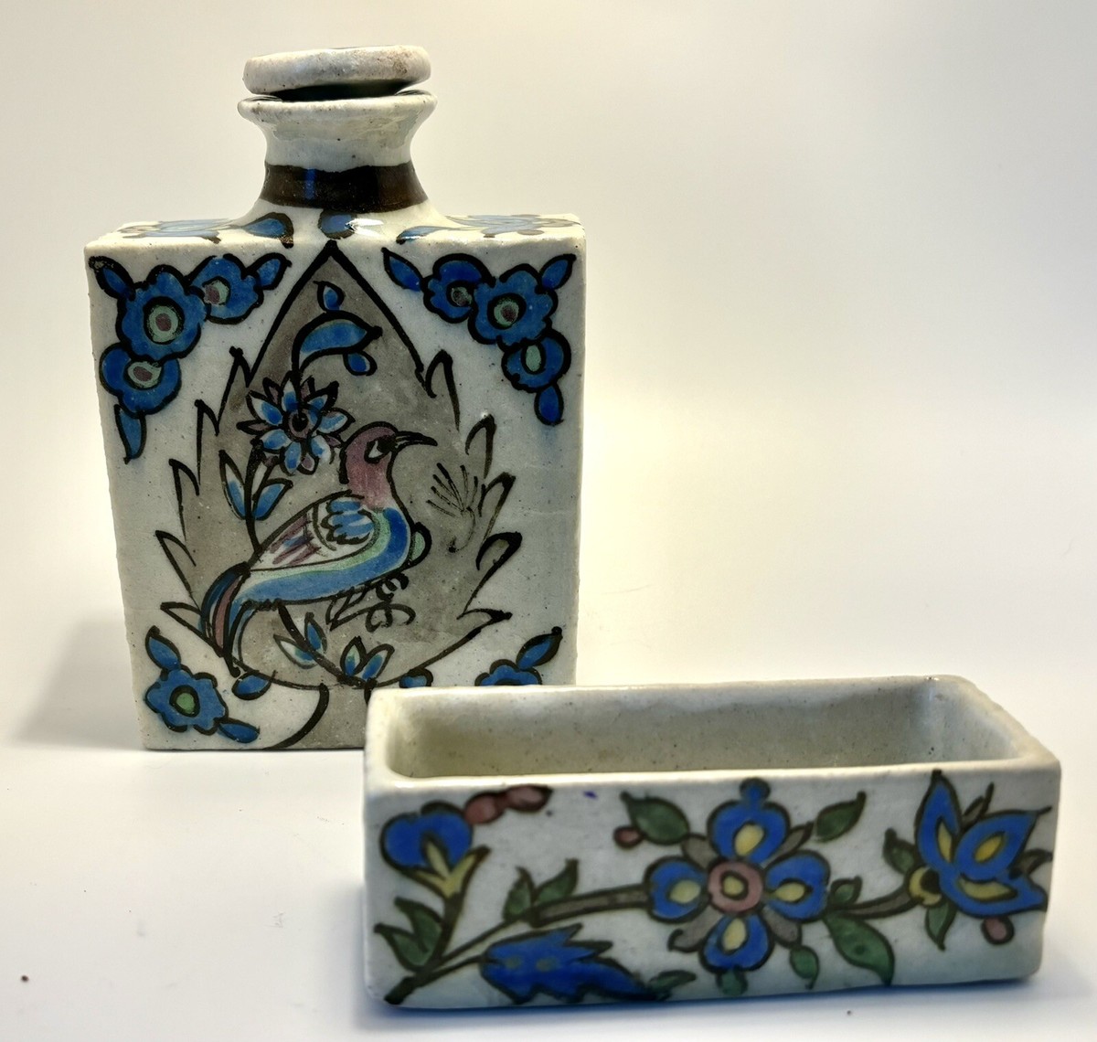 Antique Iznik Bottle Flask With Lid And Dish Bird Flower Persian