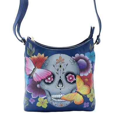 Anuschka Hand-Painted Leather Double Compartment Hobo Bag Day of the Dead Blue
