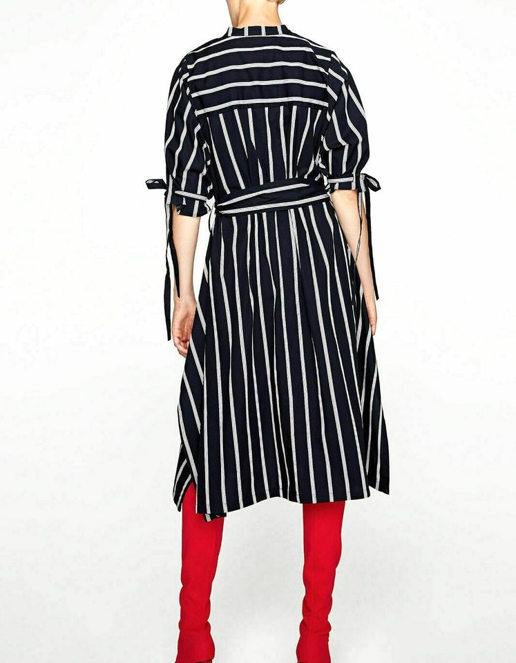 ZARA STRIPE PRINT NAVY BLUE MIDI SHIRT DRESS WITH BELT size M medium