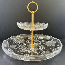 Vtg Mikasa Crystal Snowflakes 2 Tiers Handled 12" Tidbit Serving Dish Christmas
