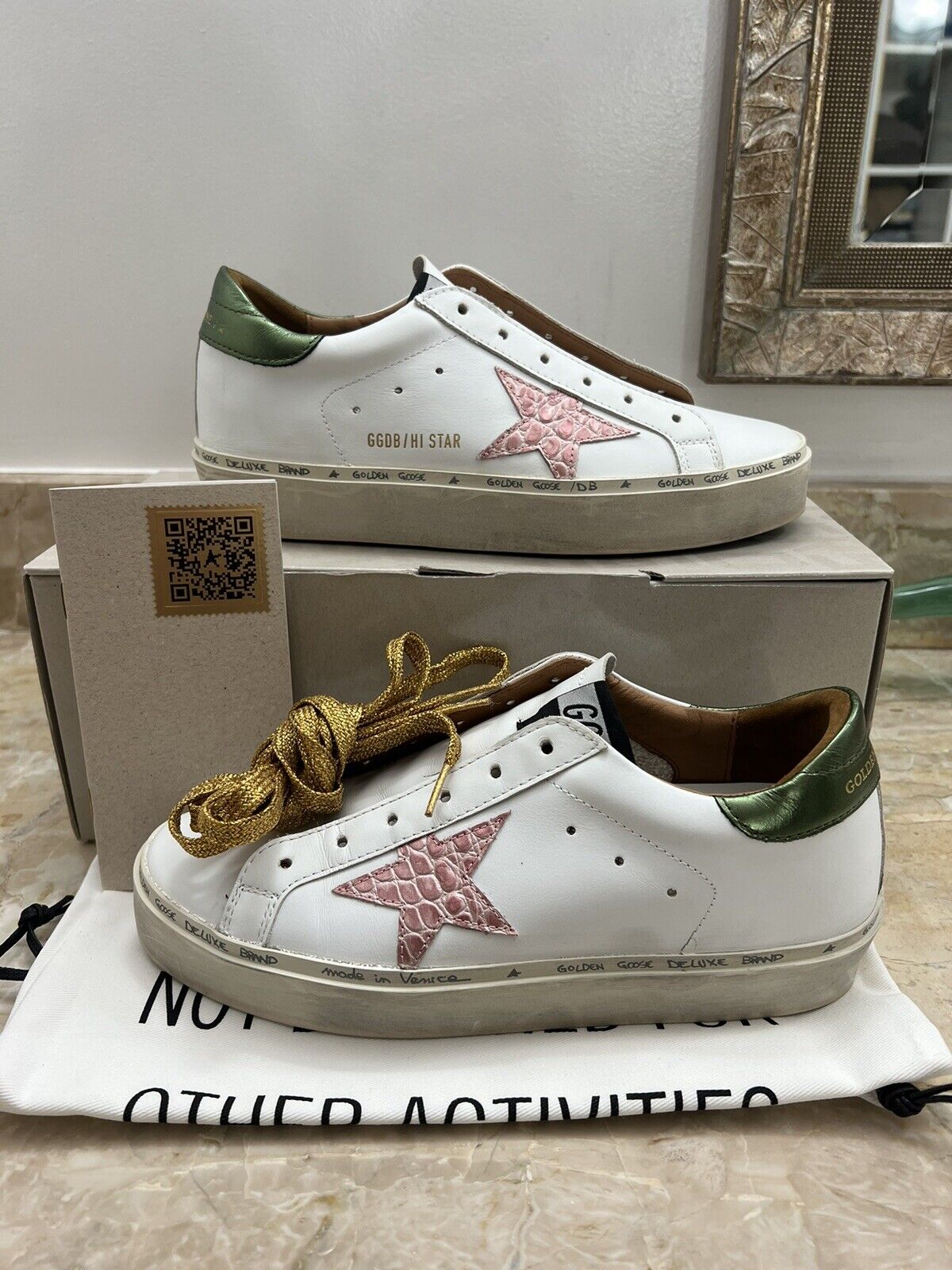 pence Reproducere himmel golden goose Hi Star, women's size 38, white leather, pink, green metallic  heel | eBay