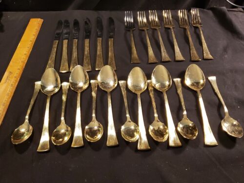 6 Place Setting Fanfare GOLD Flatware/Silverware 24 Pieces Fork Knife Spoon - Picture 1 of 10