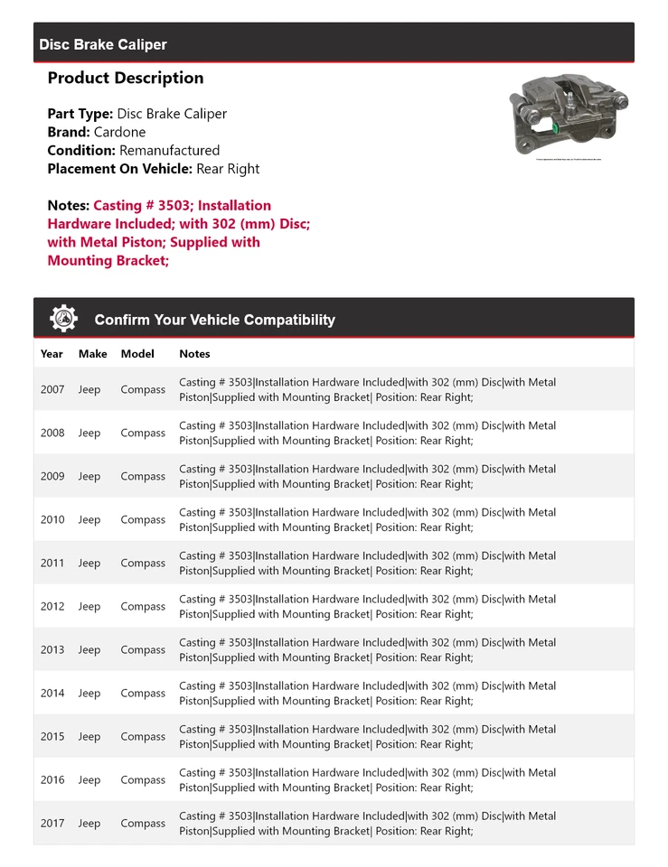 Pinza de freno de disco trasera derecha Cardone 2008 2009 2010 Jeep Compass 2007-2017 Foto 2 de 4