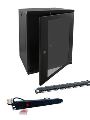 15u 600 mm 19 Zoll schwarz Wandmontage Daten-Netzwerk-Schrank + 6-Wege PDU & Cat5e Panel