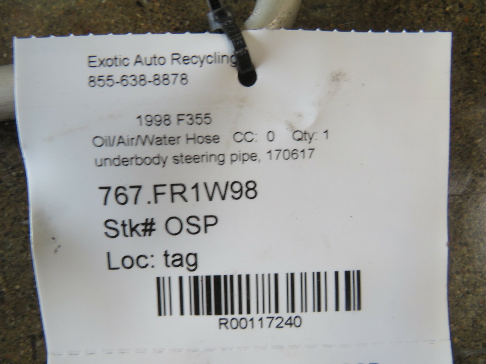 Ferrari 355, F1 Steering Hose, Used, P/N 170617