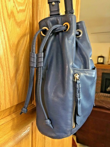 Womens COLE HAAN Blue Leather Drawstring Shoulder Bag / Hobo Bag - Fast Ship! - Picture 4 of 12