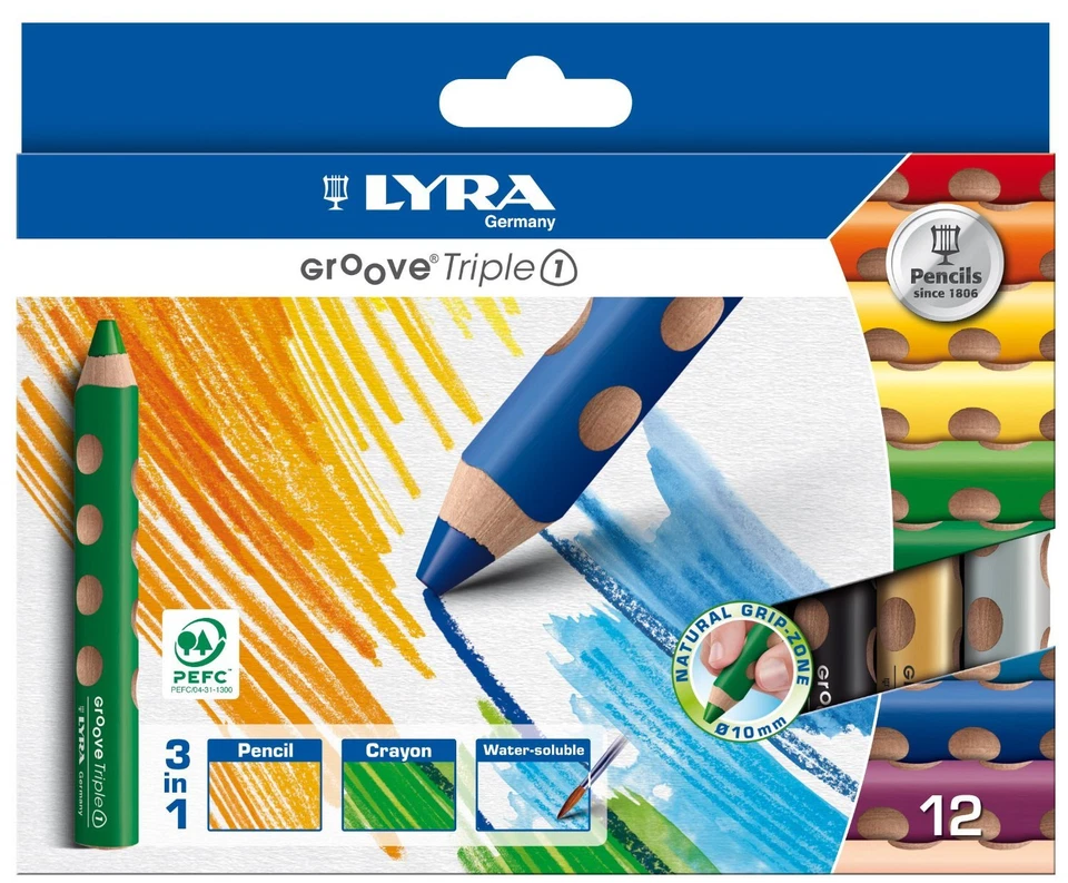 12er Set Lyra Groove Triple1 3in1 Buntstift Wachsmalkreide Aquarellstift Woody
