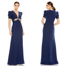 Mac Duggal 2630 Plunge Neck Puff Sleeve Cut Out Gown Navy 8 UB