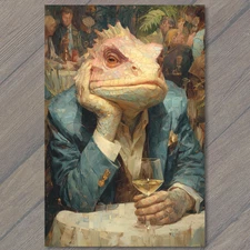 Art Print Lizard Head Blue Blazer Wine Fancy Restaurant Weird Reptile Character