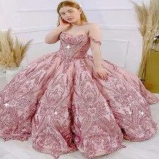 Pink Quinceanera Dresses Off-Shoulder Ball Gown withSequin Lace-Up Back Sweet 16