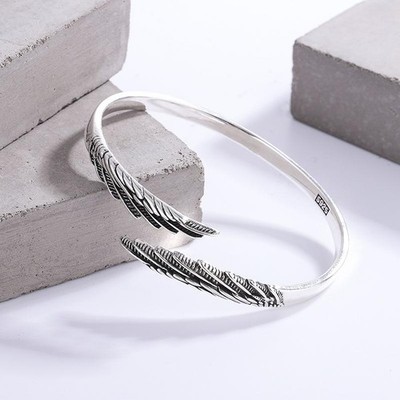 Armband Retro Thai Silber Feder Armreif 925 Sterling Silber Trendy Flügel offen