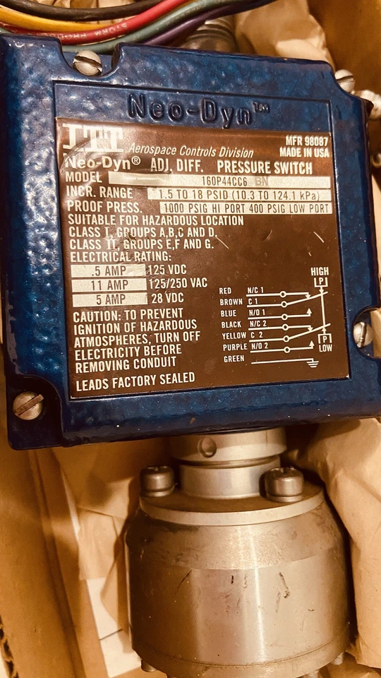 ITT NEO-DYN 160P44C6 INTERRUPTOR DE PRESIÓN DIFERENCIAL AJUSTABLE 1000 PSIG prueba Pre Foto 2 de 4