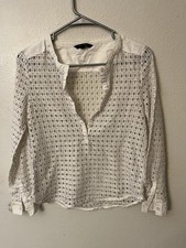 Banana Republic Women s XS Shirt Open Mesh Lace Blouse Layered White Long Sleeve