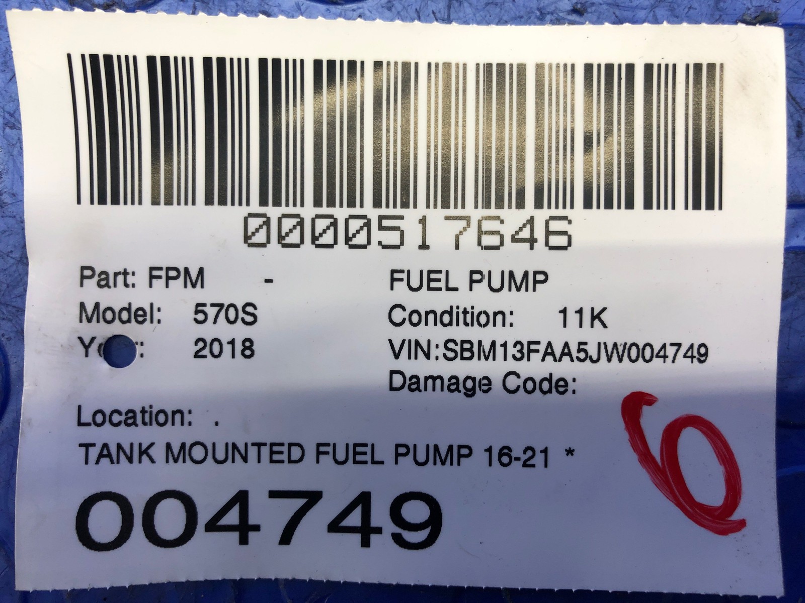 2016 2017 2018 2019 2020 2021 MCLAREN 570S OEM TANK MOUNTED FUEL PUMP