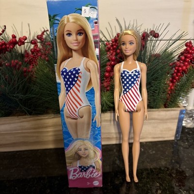 Barbie Doll Wearing American Flag Swimsuit - 4th Of July - 3+ Mattel New In Box 