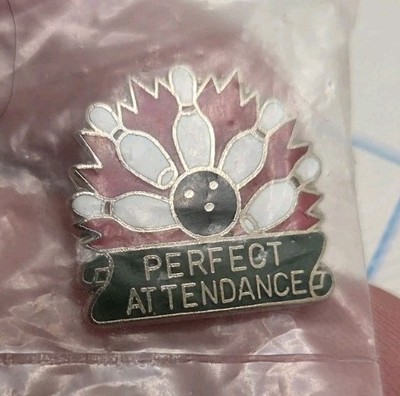 VTG Lapel Pinback Hat Silver Tone Perfect Attendance Bowling Ball Pins Strike 