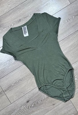 Free People Me Oh My Plunging V-Neck Bodysuit Olive Green Women s S Boho Grunge