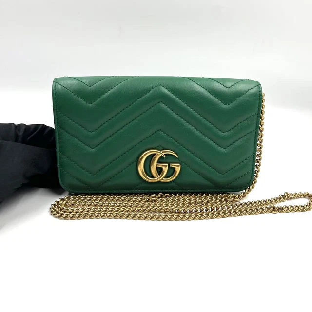 11.03 007 Gucci GG Marmont Chain Flap Leather Crossbody Bag Green
