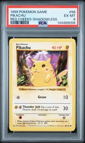 1999 POKEMON BASE SET RED CHEEKS-SHADOWLESS #58 PIKACHU PSA 6
