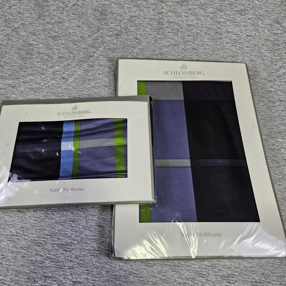 $700 Schlossberg Switzerland Satin Noblesse Ascot Plaid Twin Duvet + Pillowcases - Image 2 of 4