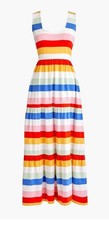 J Crew Large Petite Tiered Knit Midi  Dress Rainbow Wide Stripe 100% Cotton 2019
