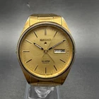 Seiko Alarm Watch Men 34mm Gold Dial Gold Tone Daydate Round 5C23-8009 New Batte