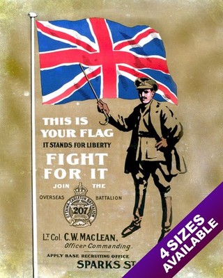 WWI GREAT BRITAIN UNION JACK YOUT FLAG PROPAGANDA POSTER REAL CANVAS ART PRINT