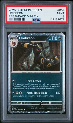 147177677 Umbreon 2025 Pokemon Prismatic Evolutions #059 8 Pack Mini Tin PSA 9