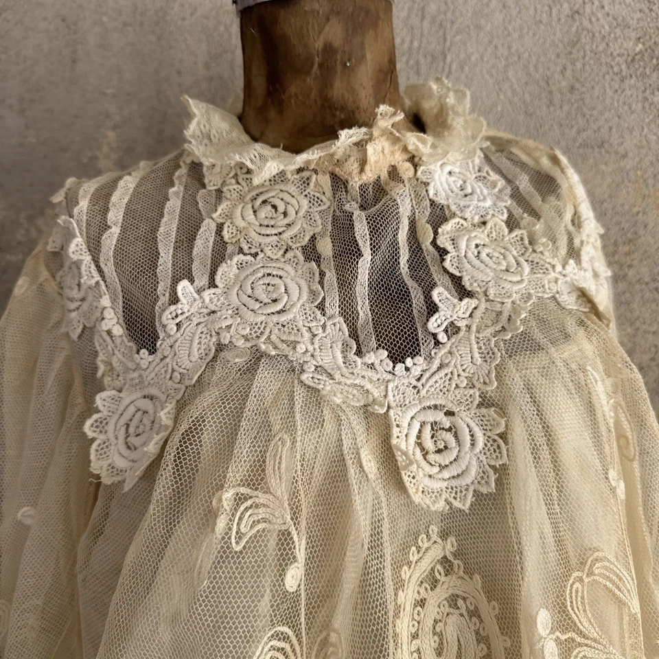Antique Edwardian White Net Embroidered Dress  Wedding Tea Lawn Gown Vintage - Image 4 of 4