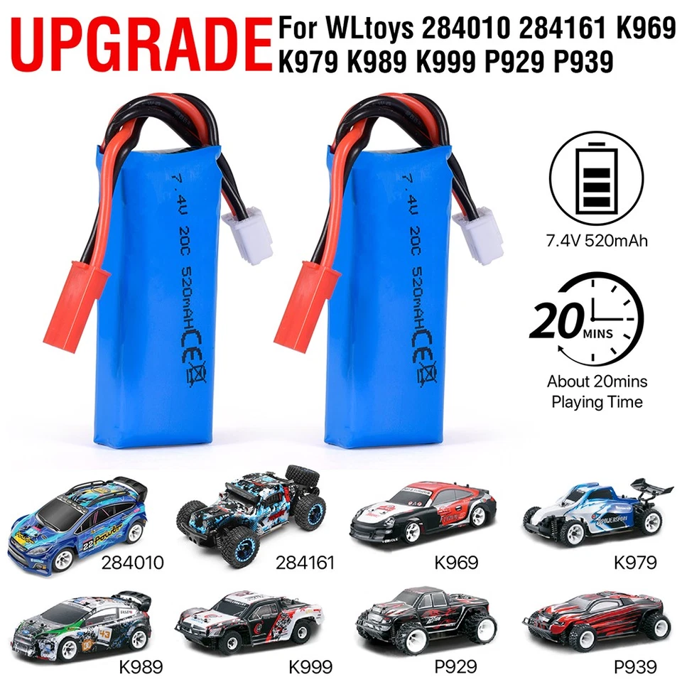 2x WLtoys 7.4V 520mAh 20C Battery for K979 K989 K999 P929 284010 284161 RC Cars - Image 3 of 4