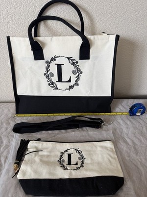  L  Embroidered Large Zippered Canvas Tote & Accessories Bag New Monogram