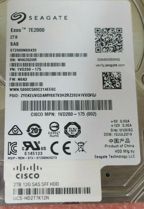 Cisco 2TB 7.2k 12G 2.5" SAS Hard Drive HDD 1VD200-175 UCS-HD2T7K12N For UCS M5 - Image 2 of 2