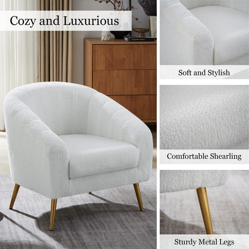 Teddy Fur Accent Chair Barrel Boucle Cream Modern Home Living Seating Furniture - Picture 7 of 58