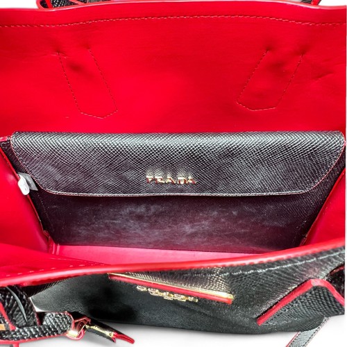 Prada Double Cuir Saffiano Leather Medium Red Black Tote Shoulder Bag - Picture 11 of 14