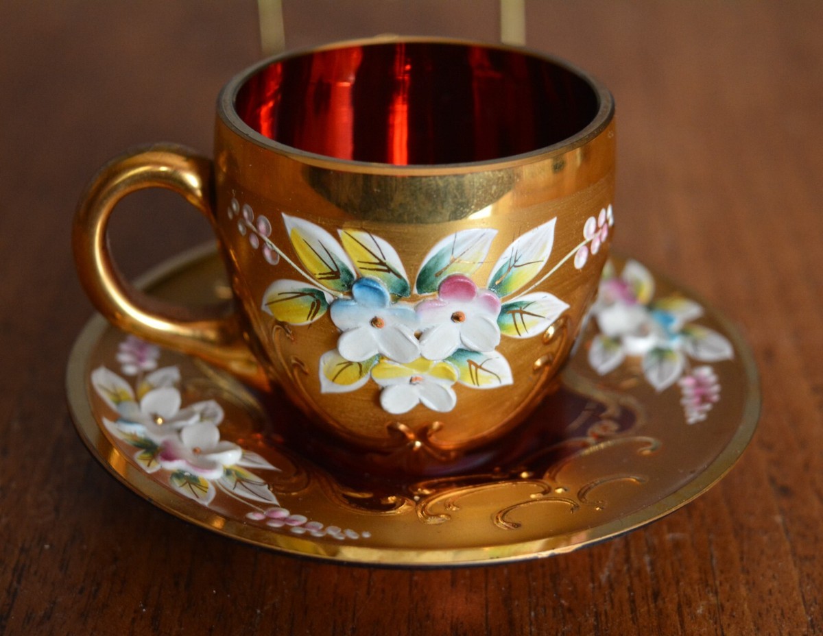 BOHEMIA　GIASS　MAIA VTG Bohemia Hass Demi-tasse Cup & Saucer Gold & Porcelain