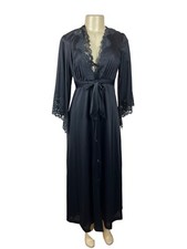 Vintage Jolie Black Lace Trimmed Robe With Tie Waist Wide Sleeves Sz S
