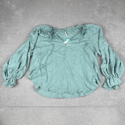Free People Blouse Out Of Town Split Neck Balloon Sleeves Top Green Women s Med