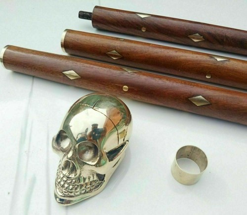 Antique Walking Cane Wooden Stick Brass Skull Head Handle Vintage Knob Cane Gift - Picture 6 of 9