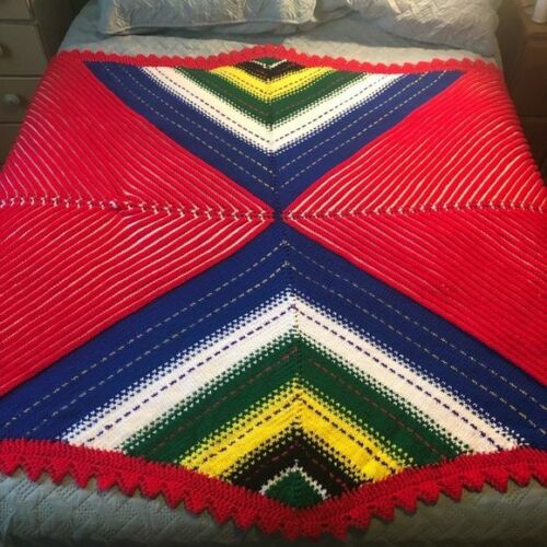 Hand knit cottage core Afghan 65”x56” Boho red,blue,green,yellow,black acrylic - Picture 1 of 9